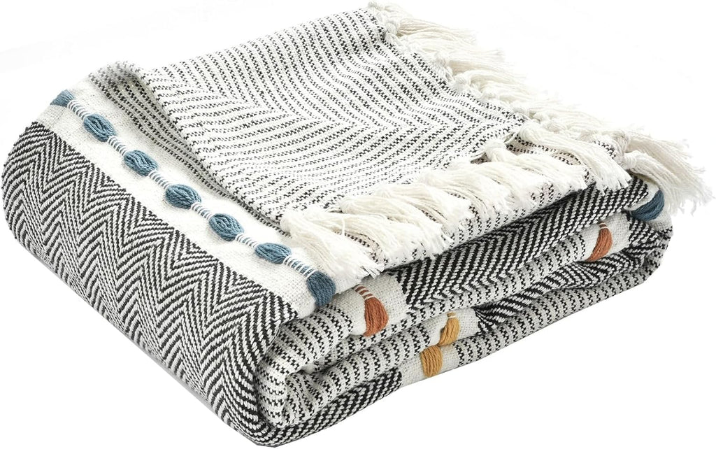 Herringbone Stripe Woven Tassel Yarn Dyed Cotton Throw Blanket 50" W x 60" L Black & Multi - Striped Throw Blankets