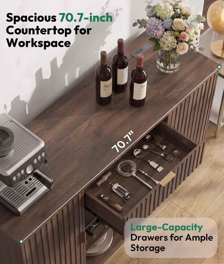 71" Coffee Bar Cabinet with 2 Fridge Space, Holder & Wine Racks