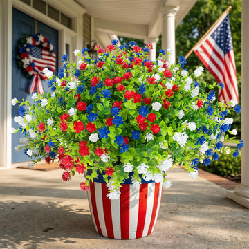 48 Pcs Artificial Flowers Outdoor, Faux Artificial Plants UV Resistant Plastic Patriotic Flower Bulk for 4th of July