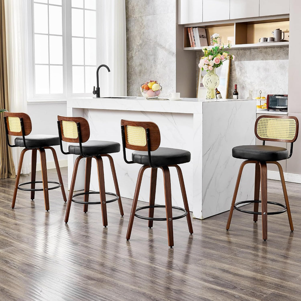 Natural Rattan Bar Stools Set of 2,Upholstered PU Leather, 26'' Counter Height Barstools with Back and Wood