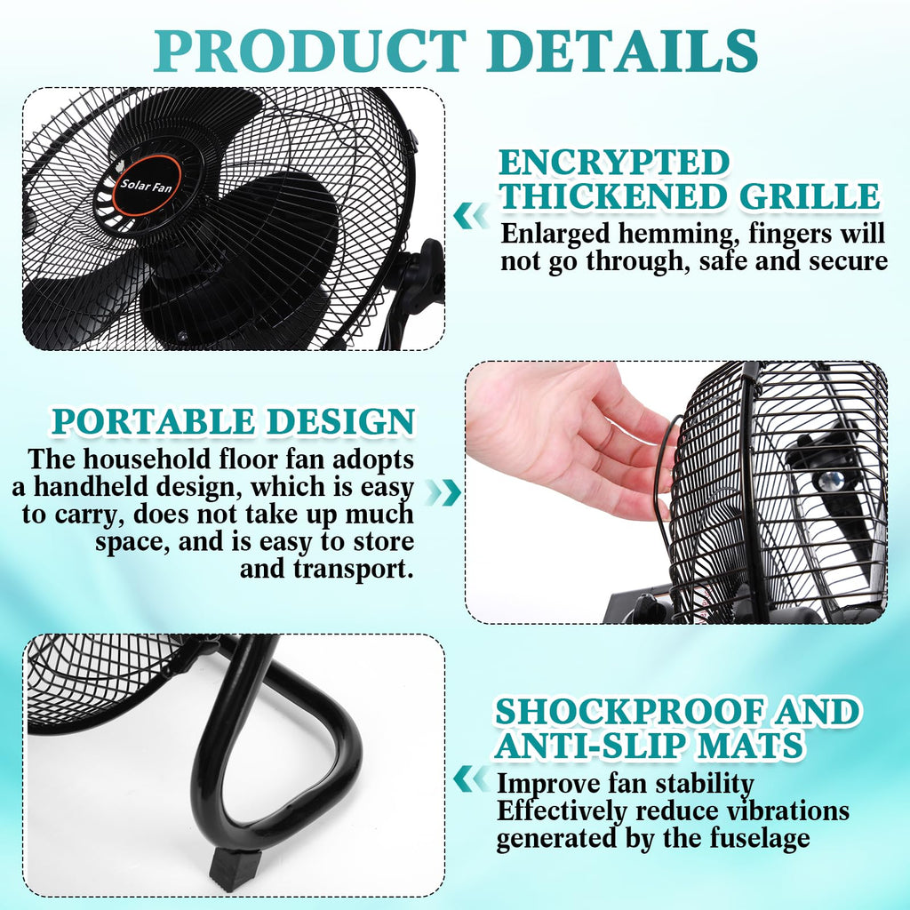 12 Inch Black Solar Panel Powered Fan, 12W 9V Portable