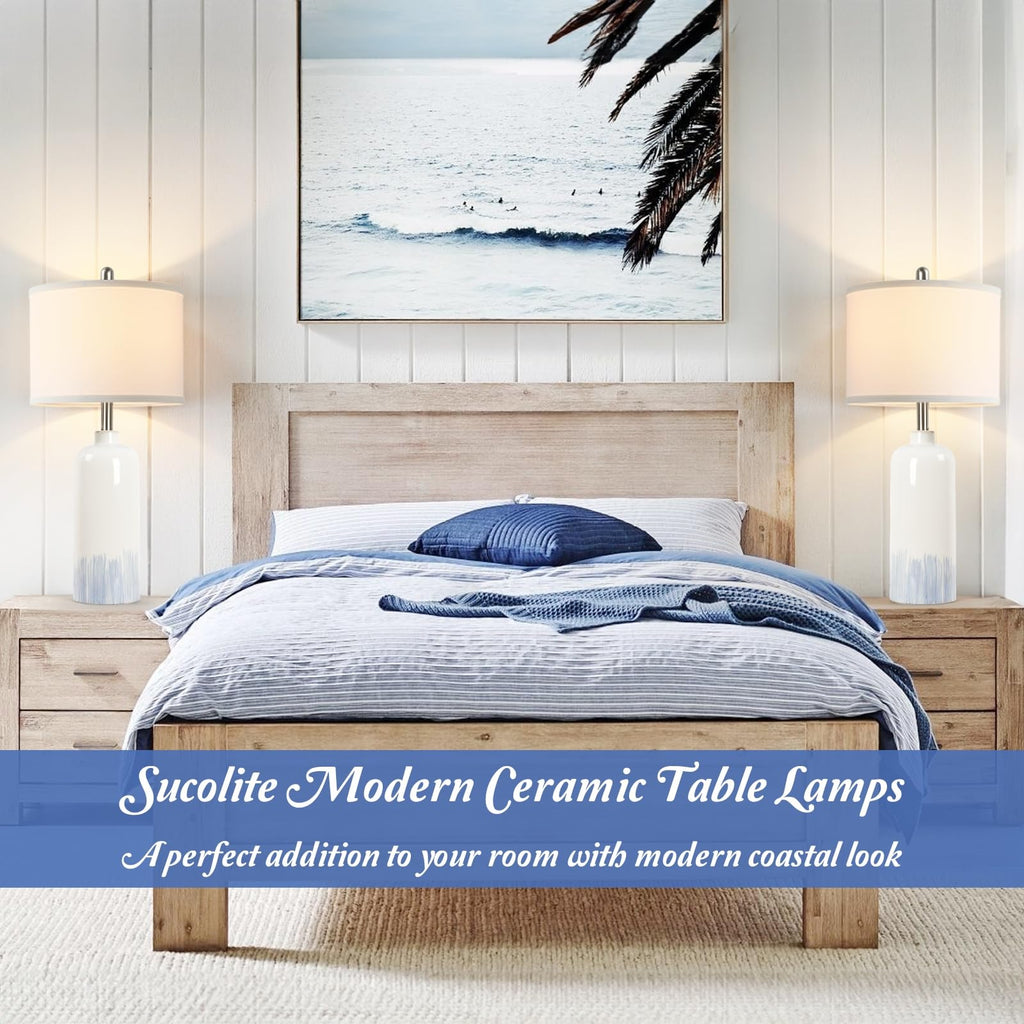 26'' Ceramic Table Lamps Set of 2 Bedroom Nightstand, Blue