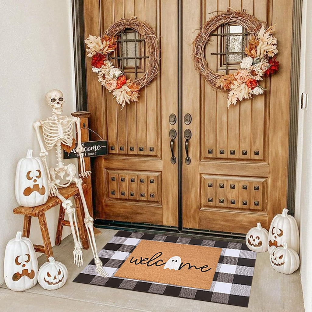 Halloween Door Mat Combo Set, Welcome Ghost Coco Coir Welcome Doormat + 28" x 43" Black and White Plaid Rug, Autumn