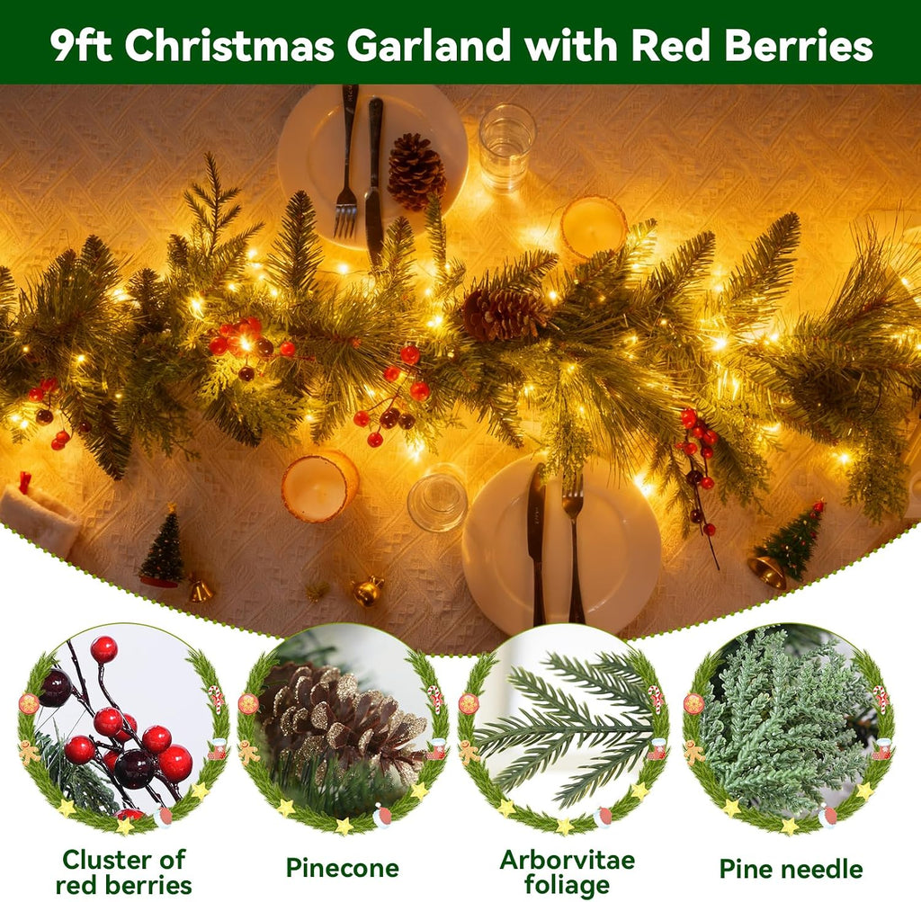 Prelit Christmas Garland with Lights 9FT 80LED Christmas Wreath Lights with Timer by Battery Operated Artificial