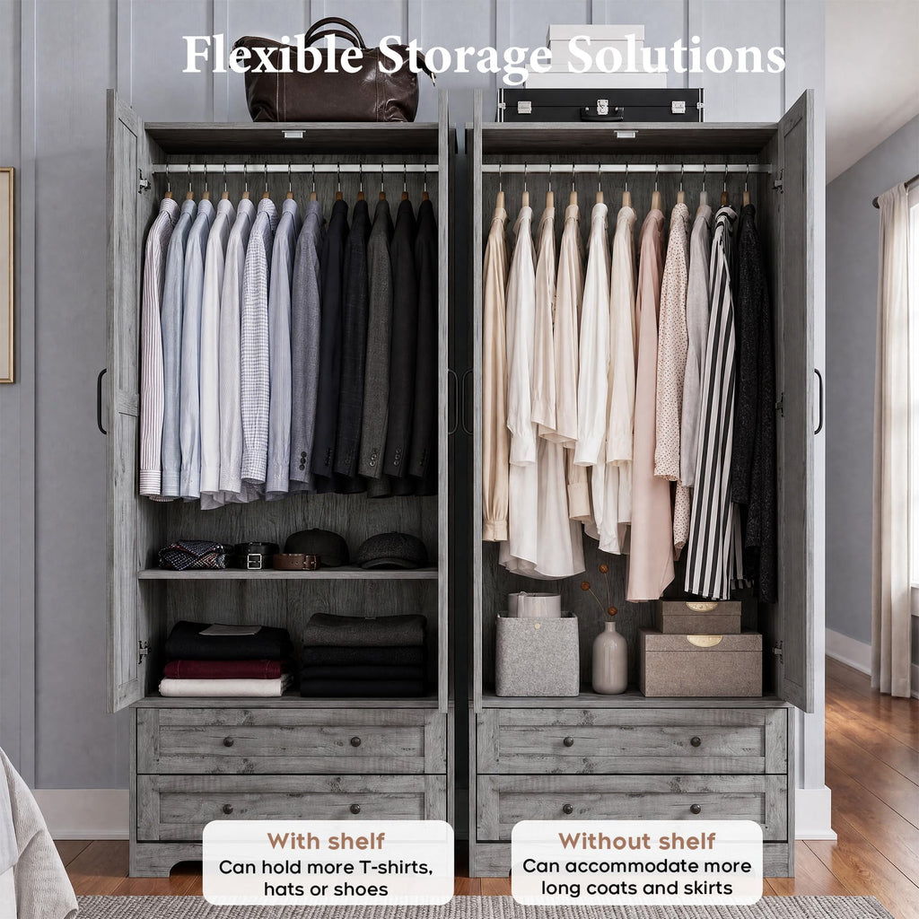 71" Wooden Armoire Wardrobe Closet with 2 Doors & 2 Drawers, Grey