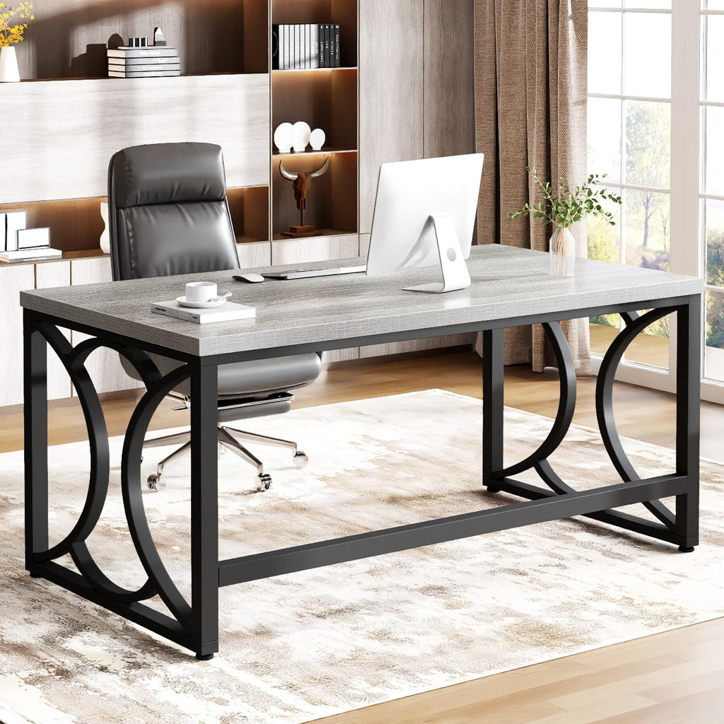 Gray Computer Desk, 55 Inch Metal Wooden Home Office Writing Desk