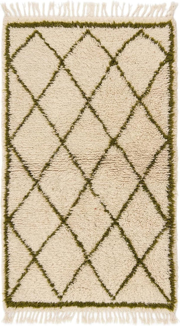 Handmade Moroccan Berber Area Rug 6' x 9', 100% Wool High Pile Shag, Beni Ourain Style, Ivory/Cream with Green