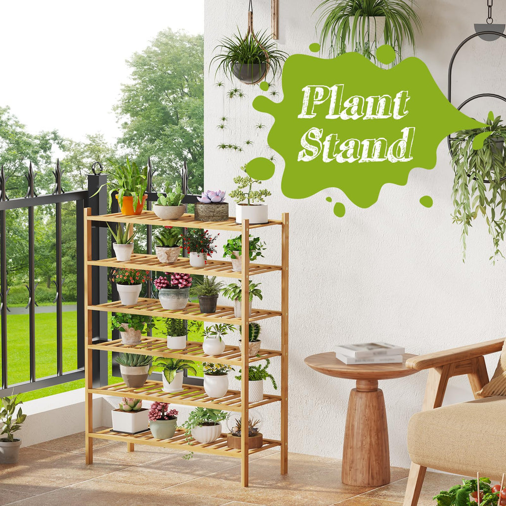 6-Tier Bamboo Shoe Rack Premium Stackable Shoe Shelf Storage Organizer Closet Living Room Entryway Organizer (Natural
