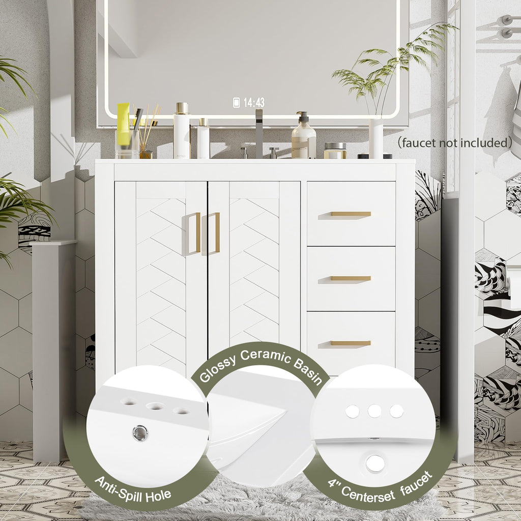 36 Inch White Bathroom Vanity with Sink & Gold Handles, Light Luxury