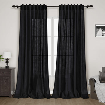 Black Linen Curtains Back Tab Rod Pocket Semi Sheer Light Filtering See Through Drapes 98 Inch Length 2 Panels Set