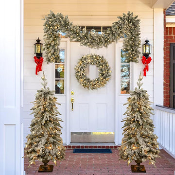 Pre-lit Christmas Artificial Tree 4-Piece Set, Garland, Wreath and Set of 2 Entrance Trees, X-mas with LED Lights
