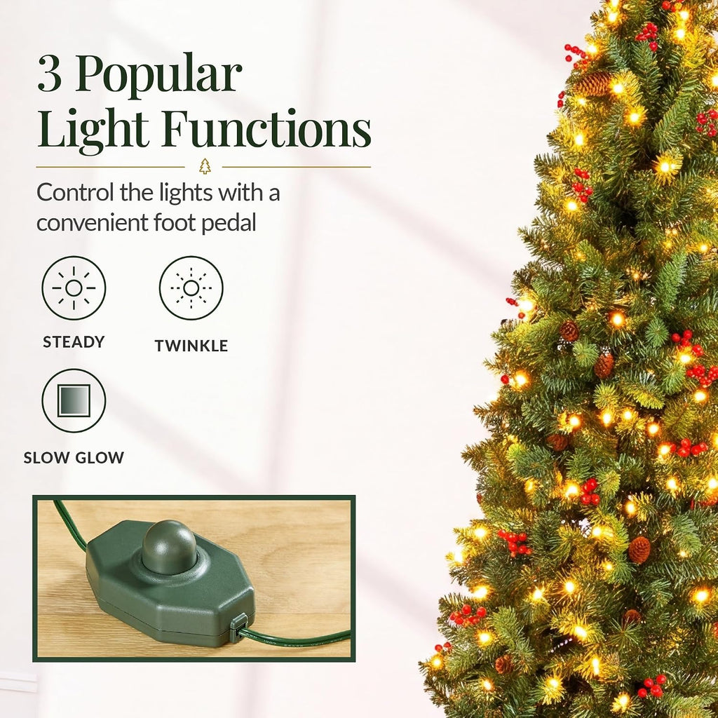 Pre-Lit Spruce Pencil Christmas Tree Pre-Decorated w/Twinkling LED Lights Holiday Decoration w/ 250 Lights, 618