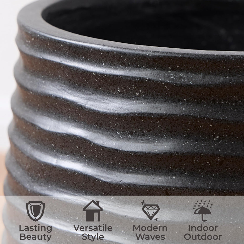 15"+11"+7.9" Dia Concrete Planter Set of 3, Wavy Textured Black Flowerpot