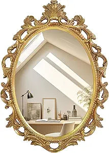Vintage Oval Mirror, Antique Gold Wall Mounted Vanity Mirrors with Scroll Designs Living Dressing Room Bedroom, Gothic