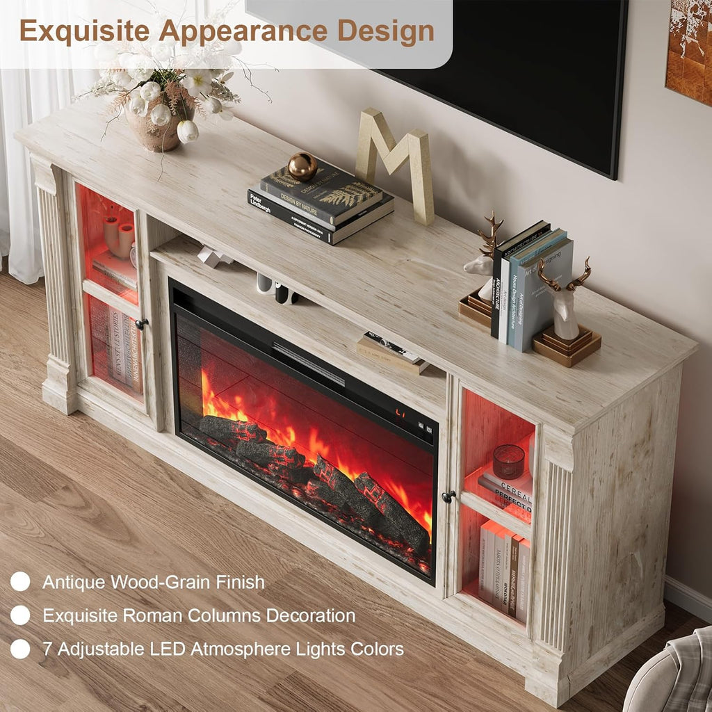 Farmhouse Fireplace TV Stand Up to 80" TVs, 70" Modern Highboy Entertainment Center with 36" Electric Fireplace & LED