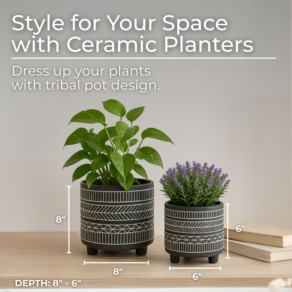 Set of 2 Tribal Look Footed Decorative Planter Pot - Ceramic Stoneware Outdoor and Indoor Plant Pot - Modern Garden