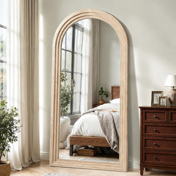 Arched Full Length Mirror with Stand, 65x30 Natural Wood Floor Mirror