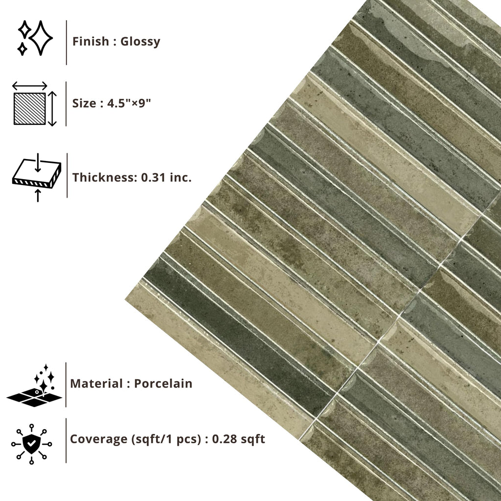 Scandia Glossy Olive Green 4.5x9 Ribbed Porcelain Wall Tile, 3D KitKat Fluted Decorative Tile Backsplash, Bathroom