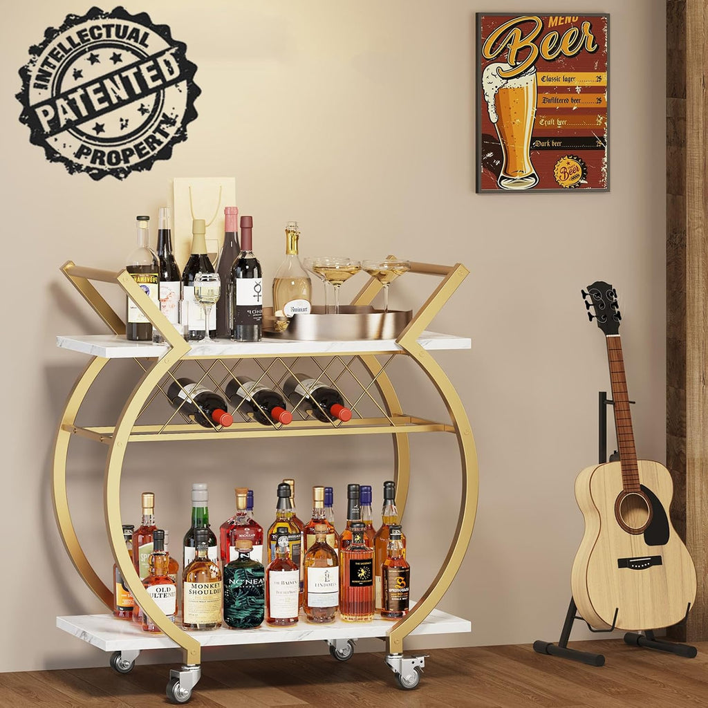 Gold Bar Cart with Wheels, Modern White Marble Home Bar Serving Cart | Drink Cart with Wine Rack, Metal Wooden
