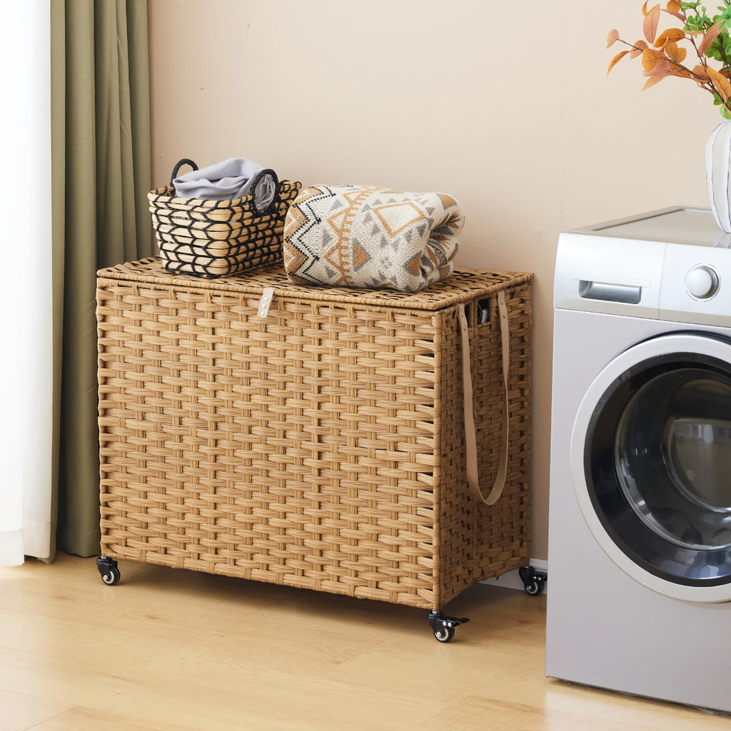 Laundry Hamper with Wheels, 52.8 Gallon(200L) Rolling Laundry Basket with Lid, 3-Section Rattan Clothes Hamper with 3