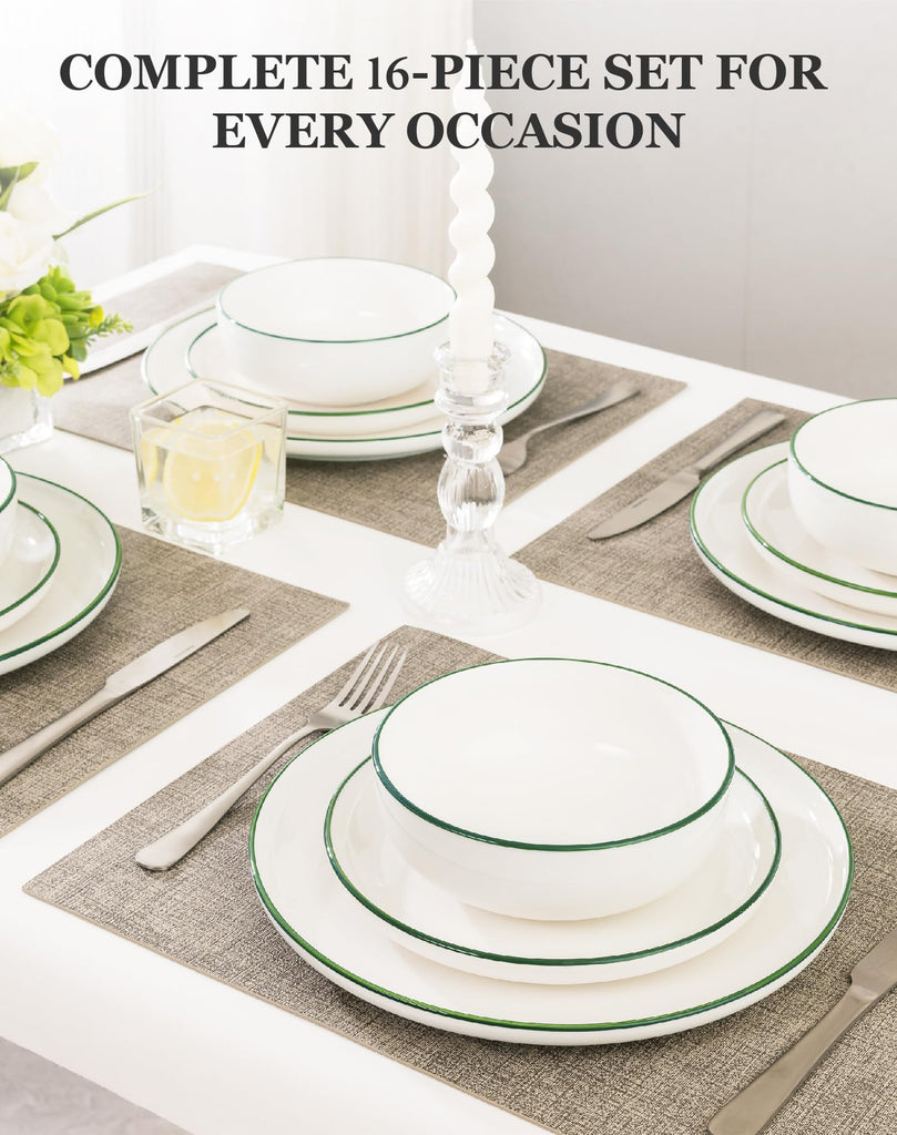 16-Piece Dinnerware Set for 4 with 4 Mugs, White with green rim Stoneware Plates and Bowls Sets, Ceramic Dish Set