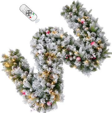 9FT Flocked Prelit Garland with Dual Color LED Lights and Timer by Remote Control and Batteries Operated, Home Mantle