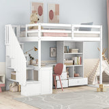 Wood Loft Bed Twin, Multifunctional Twin Bed Frame with L-Shaped Desk and Drawers, Cabinet and Storage Staircase, White