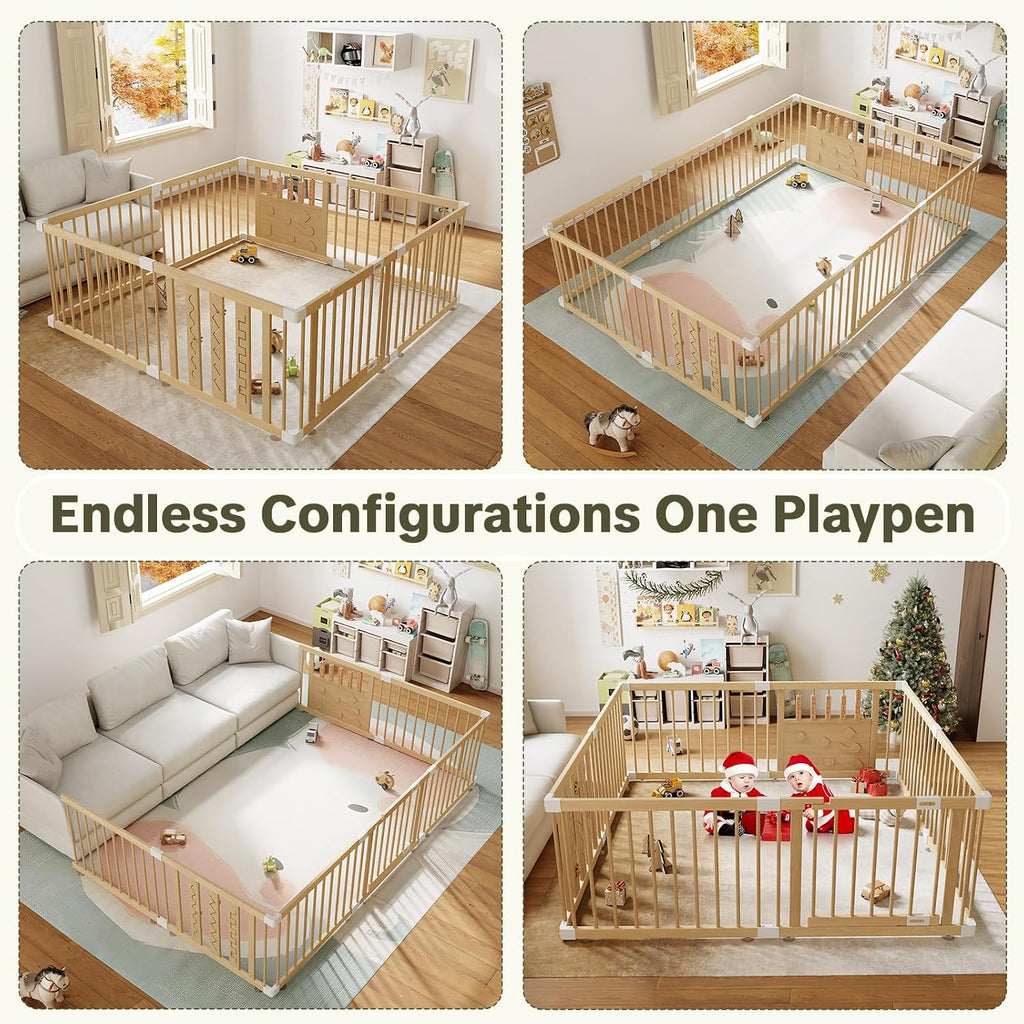 Wooden Baby Playpen with Safety Gate, 96"×64" Large Play Yard for Babies | Natural Pine Wood Playpen with Built-in