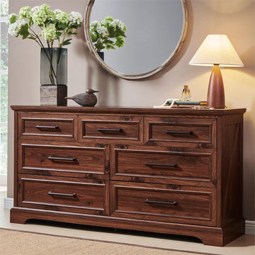 7 Drawer Dresser, 52" Wide Farmhouse Chest, Brown