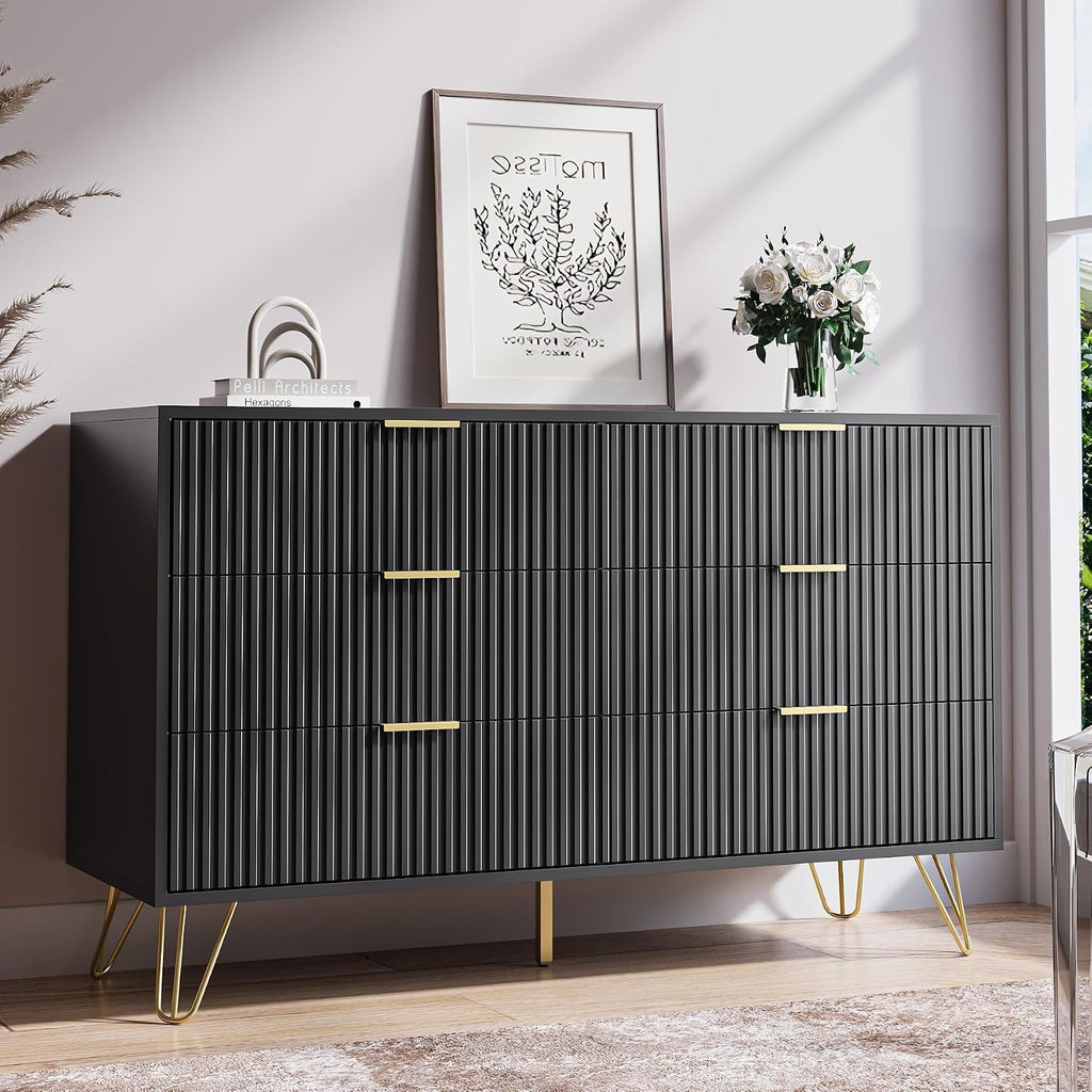 Black 6 Drawer Dresser, Fluted Dresser with Gold metal Handles