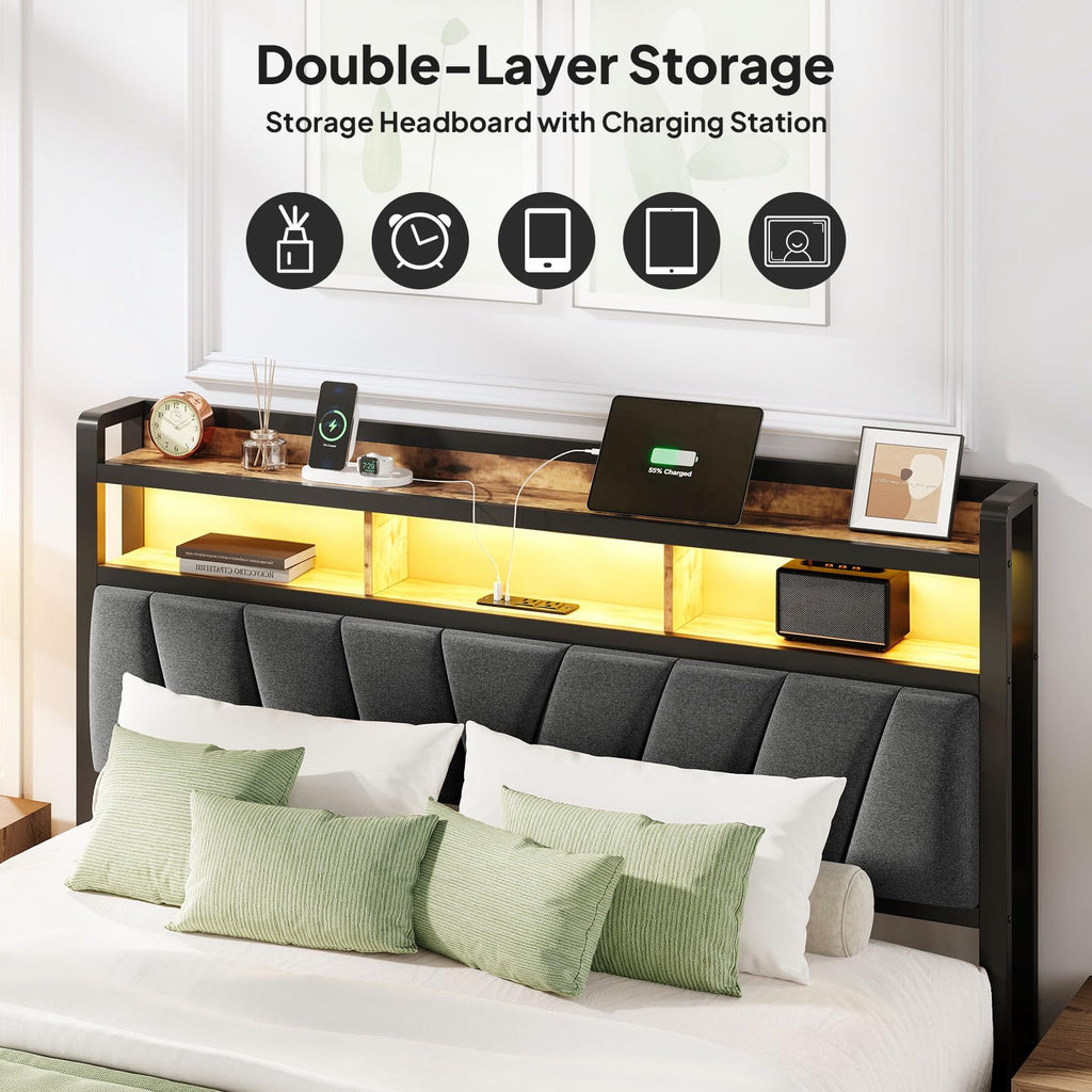 Bed Frame with LED Lights and Charging Station, Vintage Brown