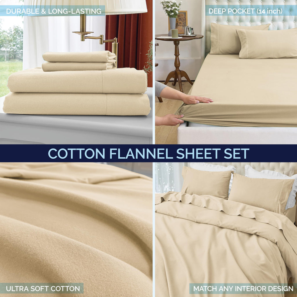 Soft 4-Piece 100% Turkish Cotton Flannel Sheet Set - Premium Quality, Deep Pocket Fitted Sheet, Ultra Soft, Cozy Warm