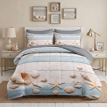 7 Pcs Comforter Set, Coastal Beach Bedding