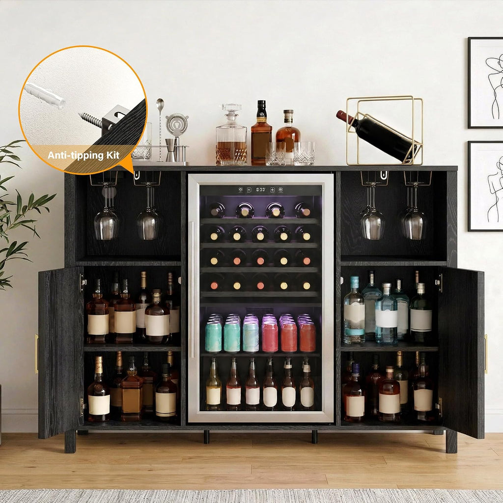 53" Fluted Coffee Bar Cabinet with Power Outlet, Mini Fridge Space and Wine Glass Racks, Black