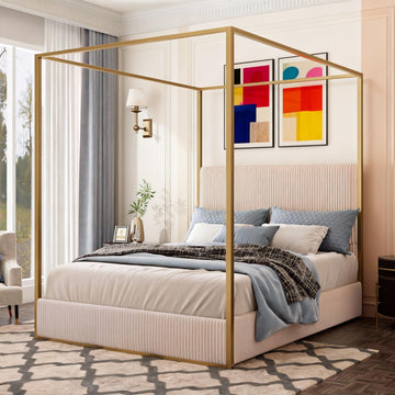 Four Poster Queen Bed Frame - Modern Metal Canopy Design with Tall Upholstered Headboard, Luxury Master Bedroom