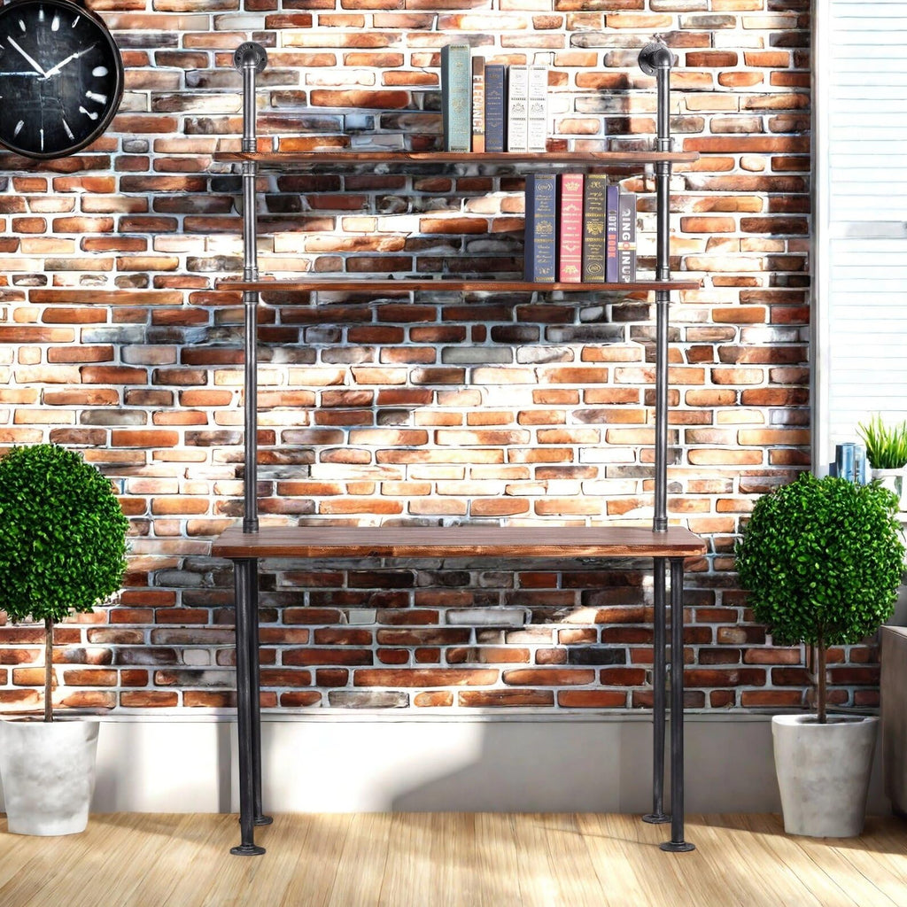 Industrial Style Office Decor, Computer Desk 47.2"×20"×79" with 2-Tier Storage Pipe Shelves, Bookshelf Laptop