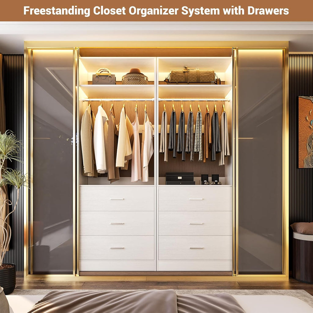 8FT Closet Systems with 12 Wood Drawers, Closet System Set of 4 | 96" Closet Organizer System with 4 Hanging Rods & 4