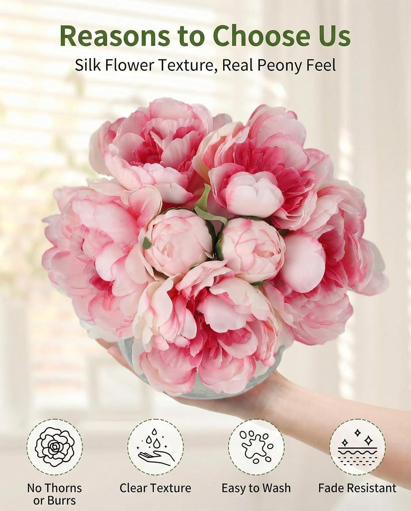 Artificial Peonies Flowers with Vase, Mixed Pink Silk Peony Bouquet with Faux Water in Glass Vase, Lifelike Fake