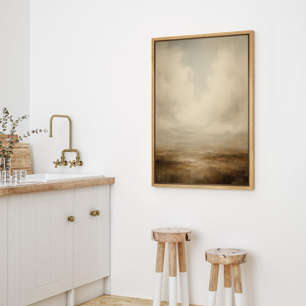 Framed Canvas Print Wall Art Misty Sky and Earth Vertical Neutral Abstract Landscape Fine Art Decorative