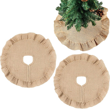 Christmas Tree Skirt 15 Inch Small Xmas Tree Mat for Christmas Holiday Party Decorations(Flax,Farmhouse,Fawn) - Set of 2