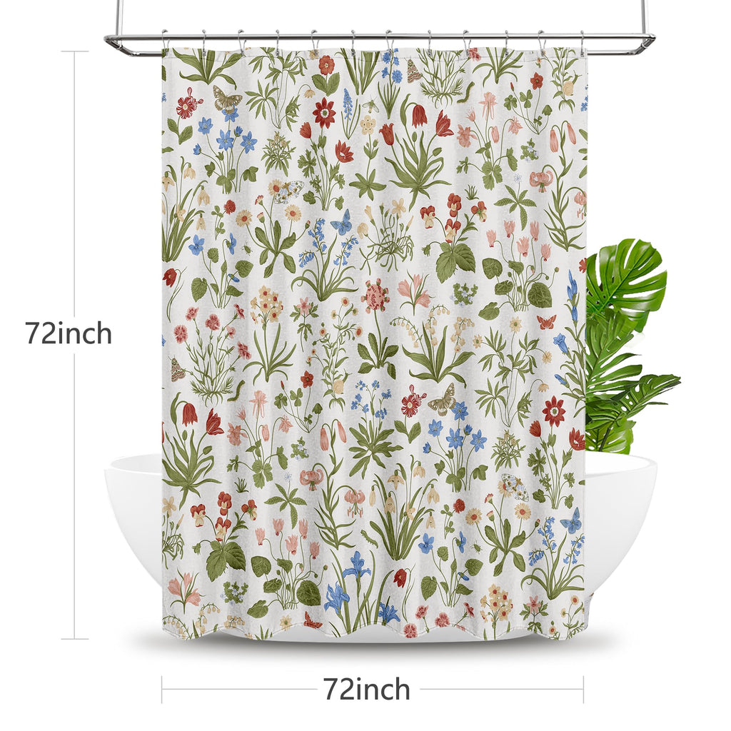 Boho Rustic Floral White 140 GSM Faux Linen, Vintage Morris Abstract Green Leaves Plant with Wildflowers Bathroom