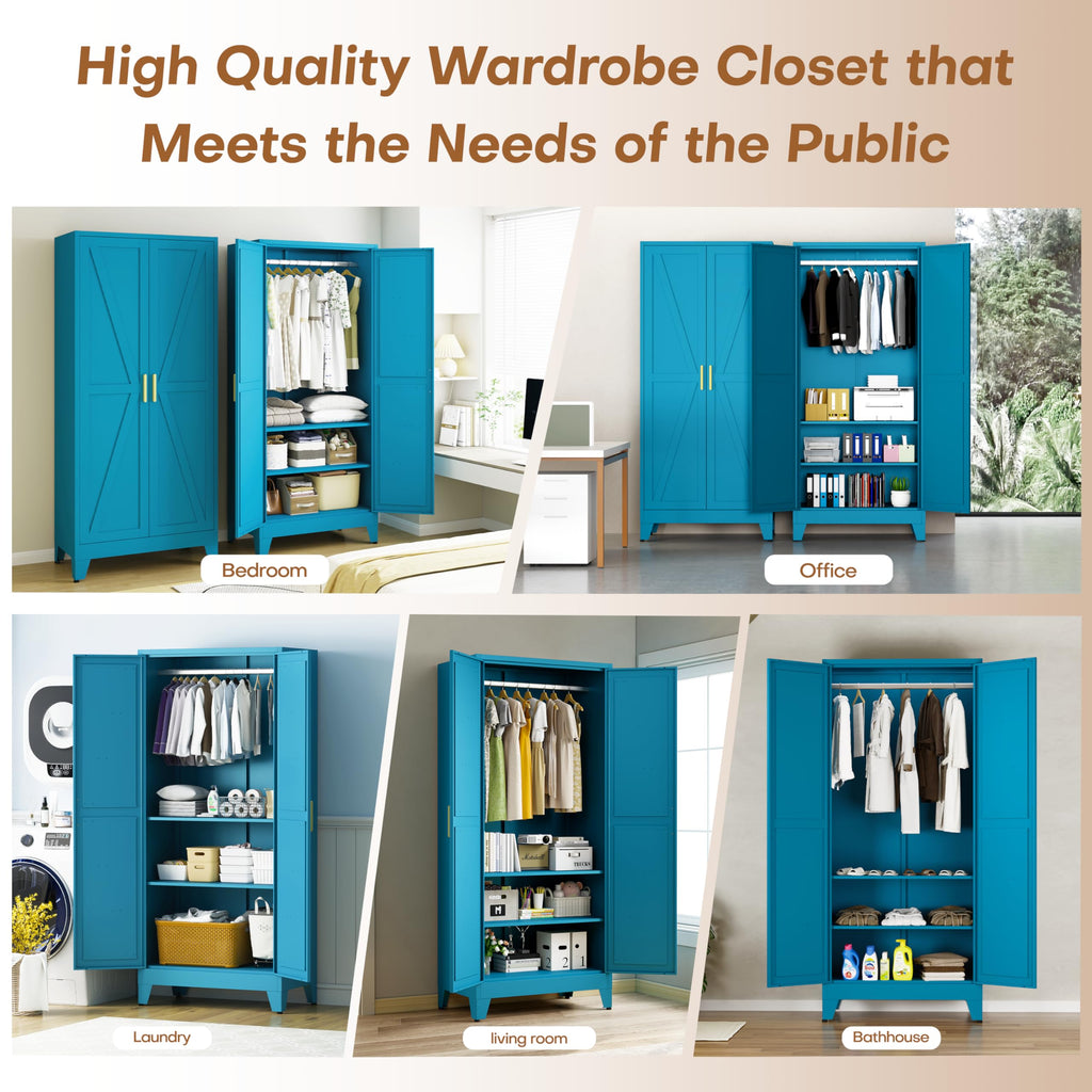71" Metal Wardrobe Closet Clothing Storage Cabinet with Hanging Rod