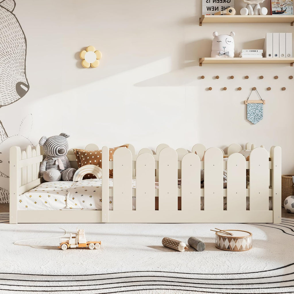 Twin Size Montessori Floor Bed with High Fence and Safety Guardrail, Solid Wood Floor Bed with Slats for Kids, Boys