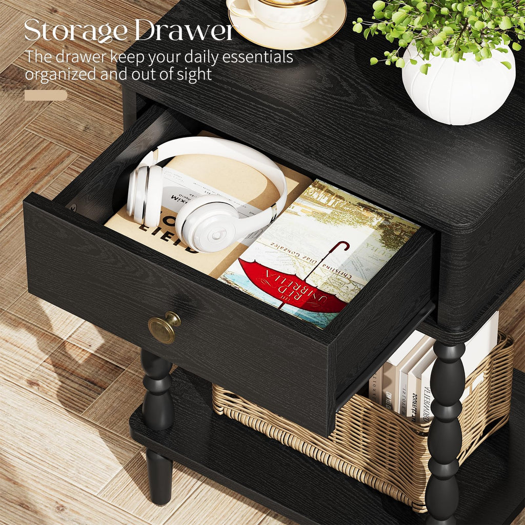 Small Side Table with Drawer - Black Nightstand with Wood Legs