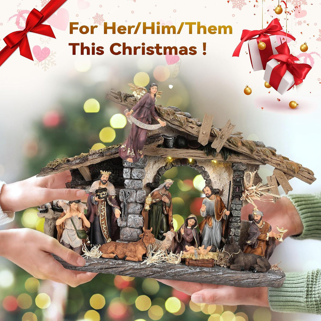 Extra-Large Nativity Set Indoor, 25" 11-Piece Light-Up Hand-Painted Collectible Figurines, Separate Sculpted Statues