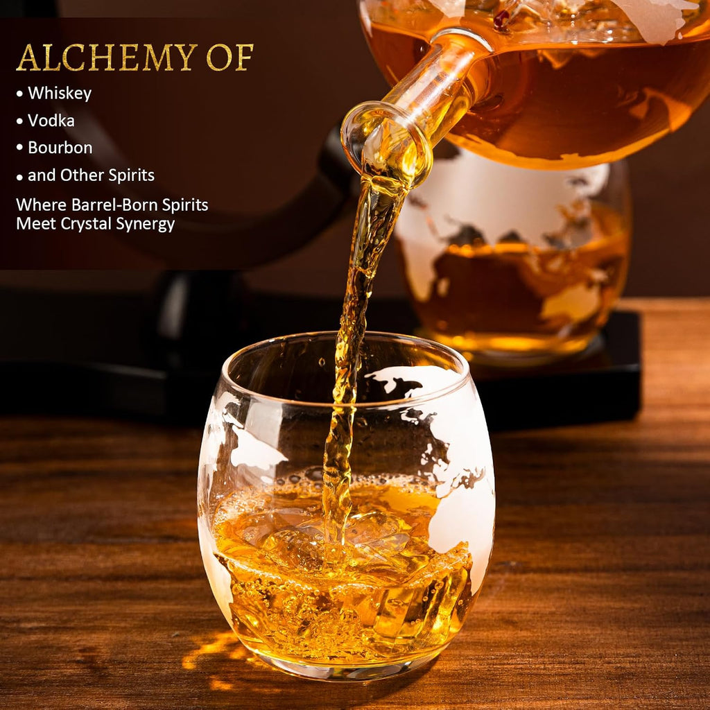 Gifts for Men Dad Husband, Whiskey Decanter Globe Set with 2 Glasses & Walnut Tray-Great Gift Idea for Whiskey
