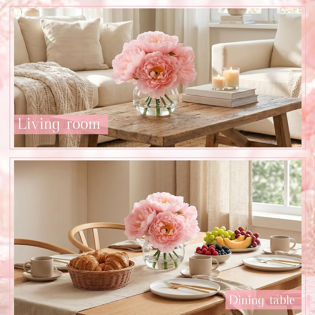Pink Peonies Faux Flowers in Vase, Silk with Faux Water - Set of 2