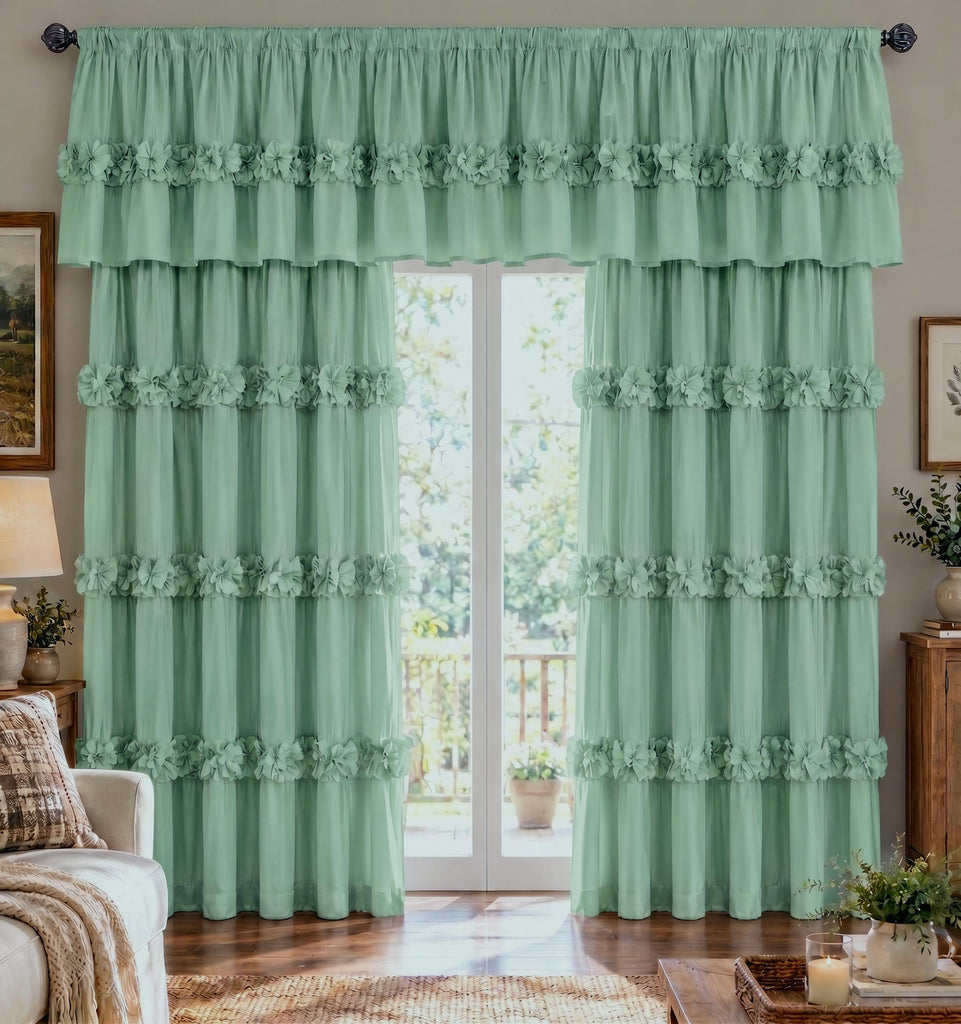 2 Pack Sage Ruffle Handcrafted Window Valances, 42"x18"