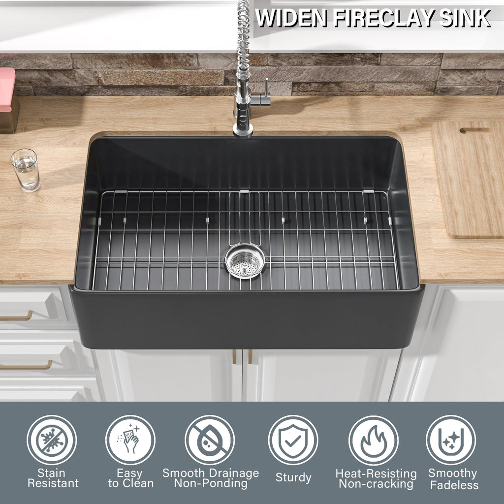 33" x 20" Fireclay Apron Front Farmhouse Sink Black