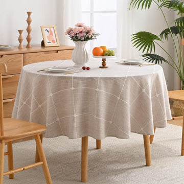 Lattice Embroidery Plaid Round Tablecloth, Heavy Duty Cotton Linen Fabric Wrinkle Resistant Round Ta